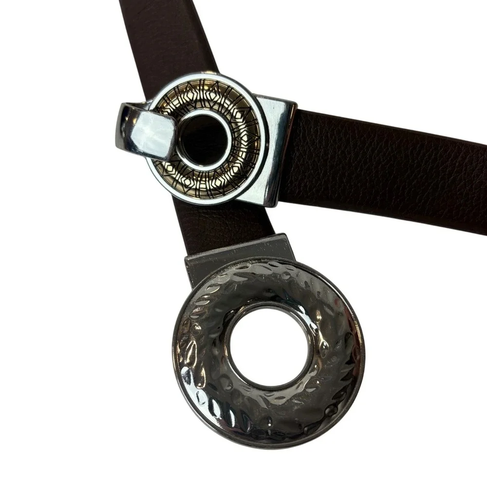 Chicos Vintage‎ Leather Belt Chunky SilverTone Metal Buckle Adjustable Up to 48